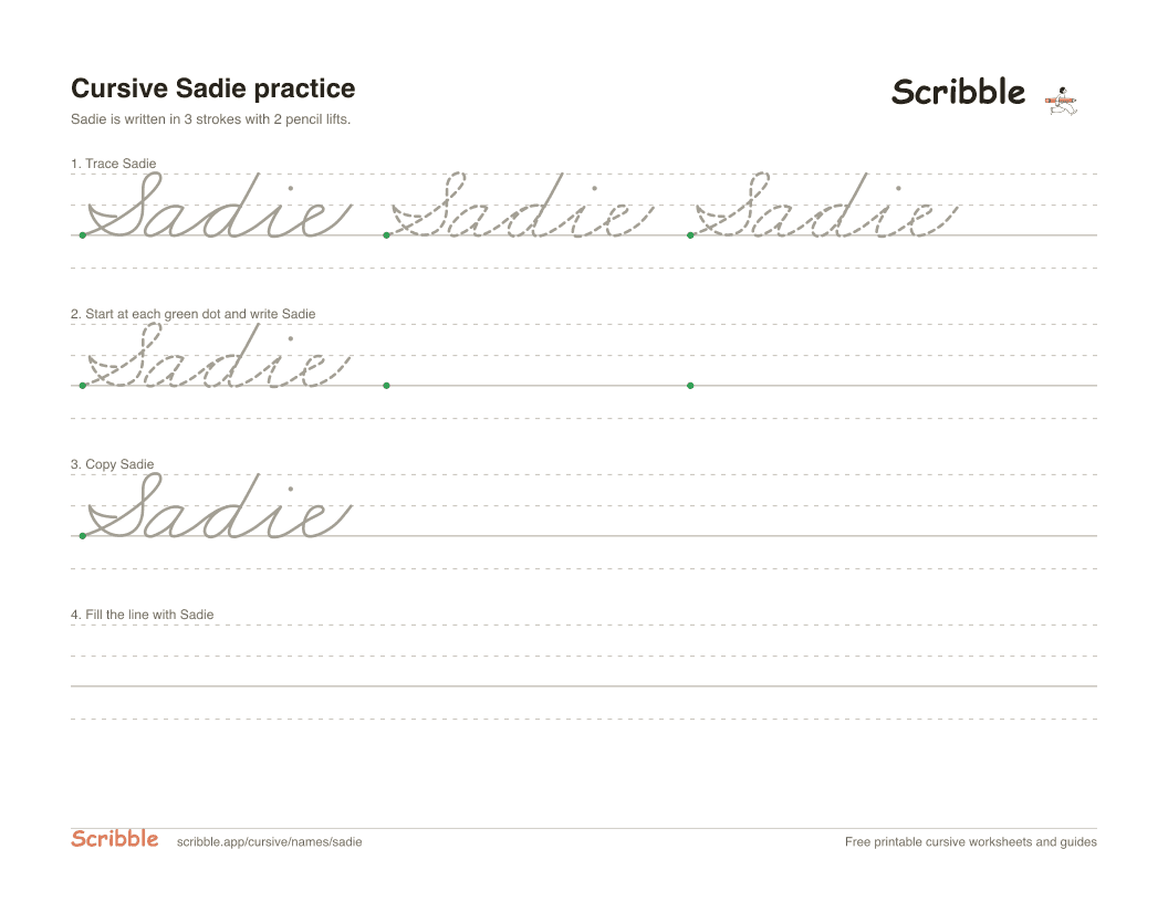 Preview of the printable Sadie in cursive worksheet: trace, copy, and practice rows