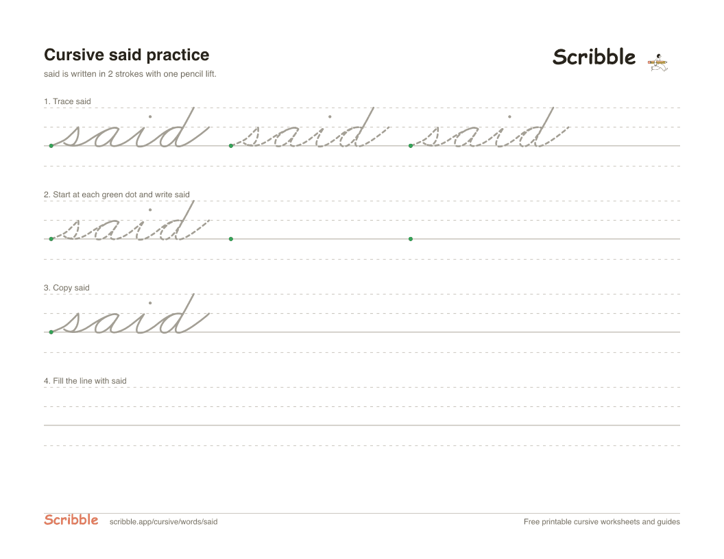 Preview of the printable said in cursive worksheet: trace, copy, and practice rows