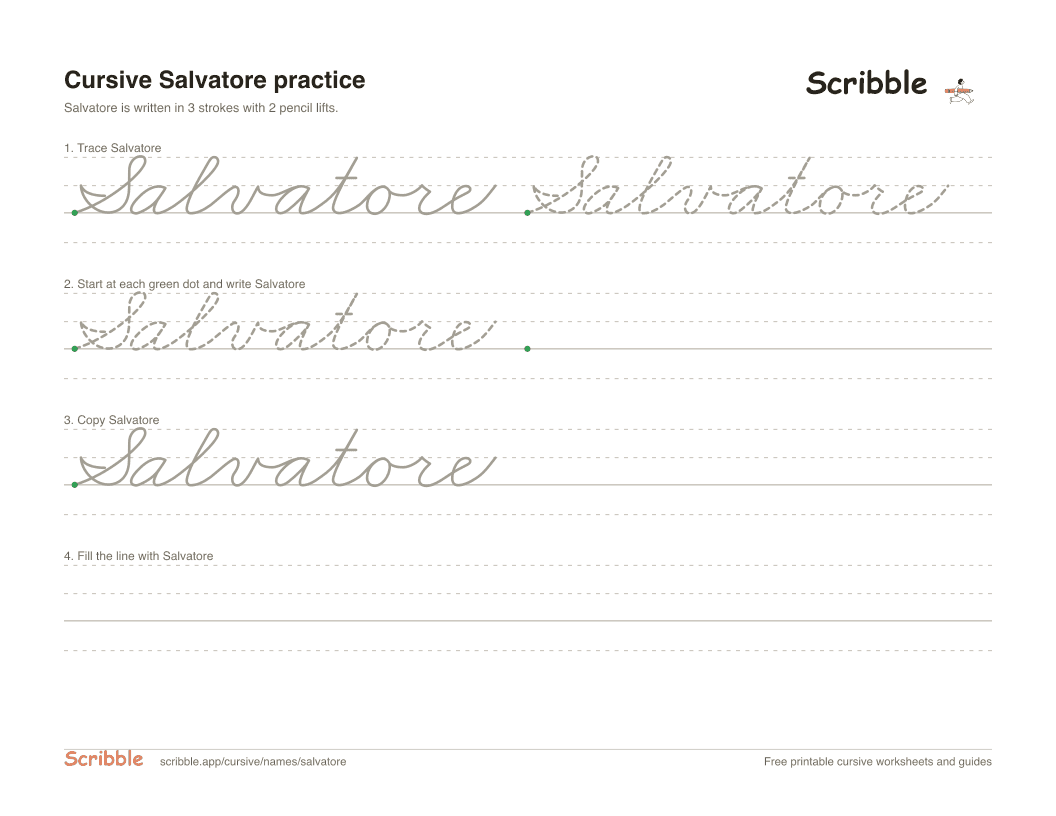 Preview of the printable Salvatore in cursive worksheet: trace, copy, and practice rows