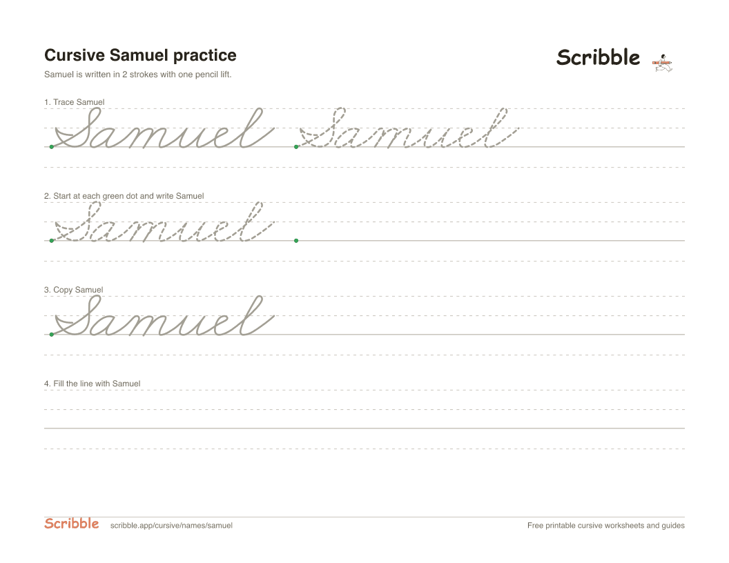 Preview of the printable Samuel in cursive worksheet: trace, copy, and practice rows