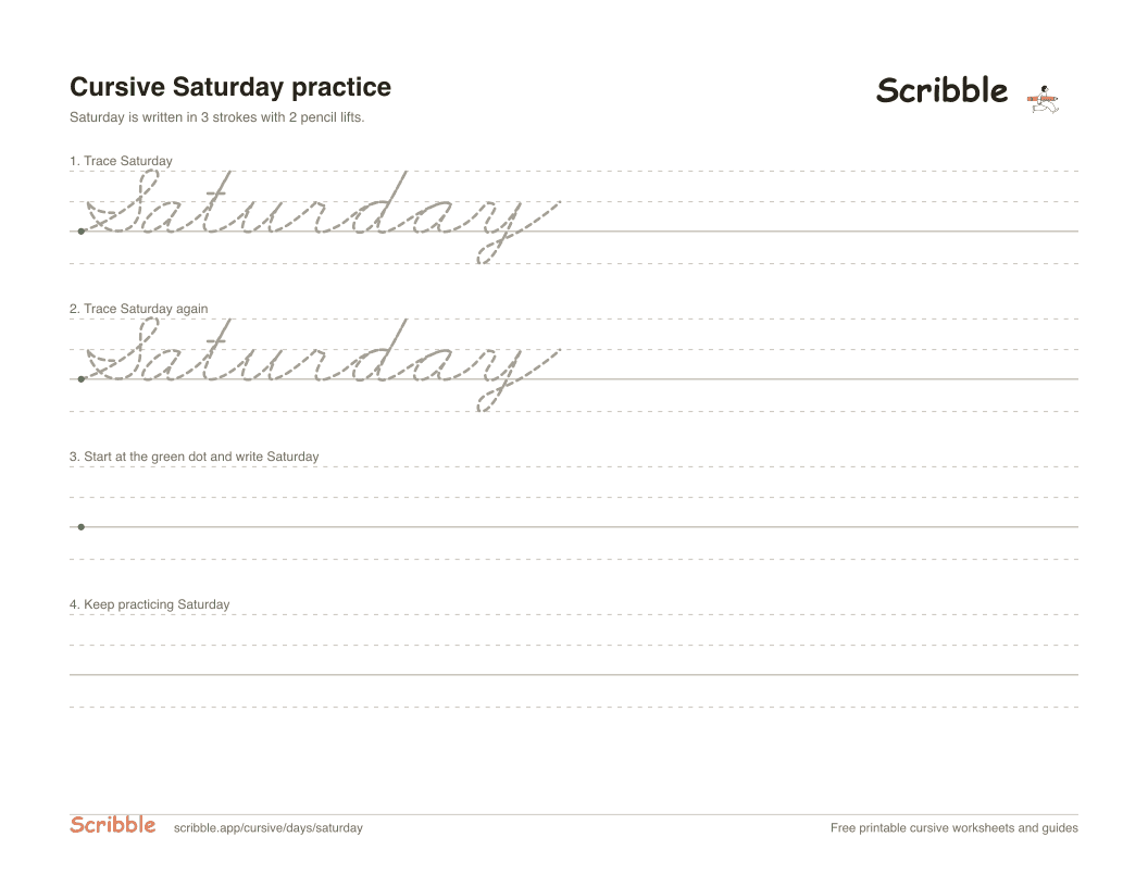Preview of the printable Saturday in cursive worksheet: trace, copy, and practice rows