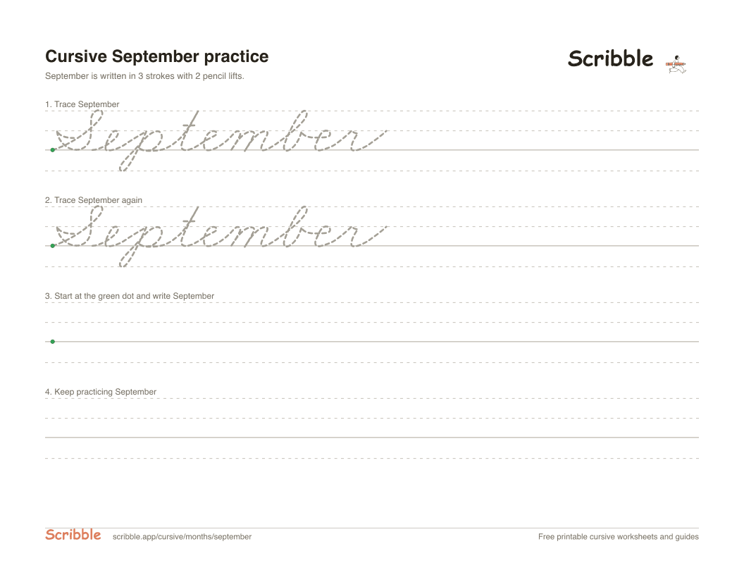 Preview of the printable September in cursive worksheet: trace, copy, and practice rows