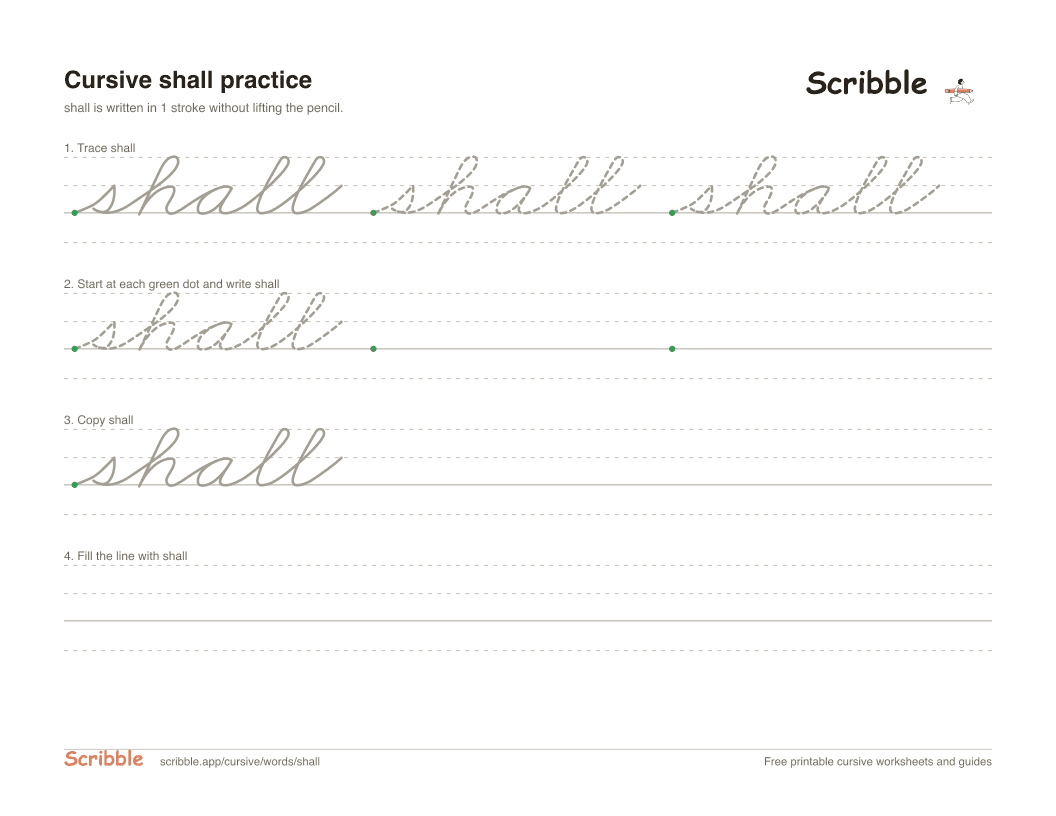 Preview of the printable shall in cursive worksheet: trace, copy, and practice rows