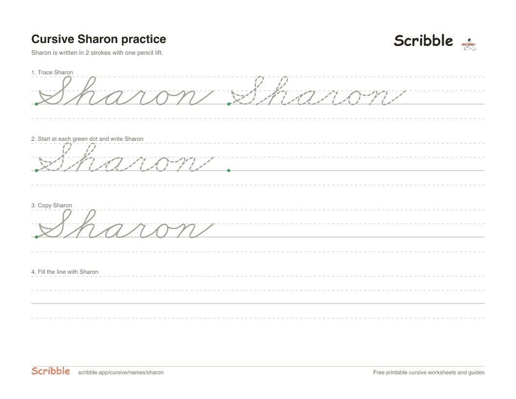 Preview of the printable Sharon in cursive worksheet: trace, copy, and practice rows