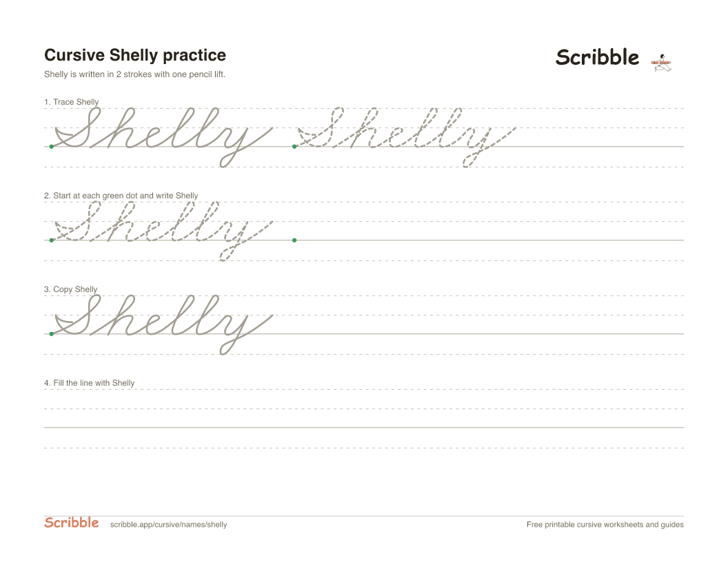 Preview of the printable Shelly in cursive worksheet: trace, copy, and practice rows
