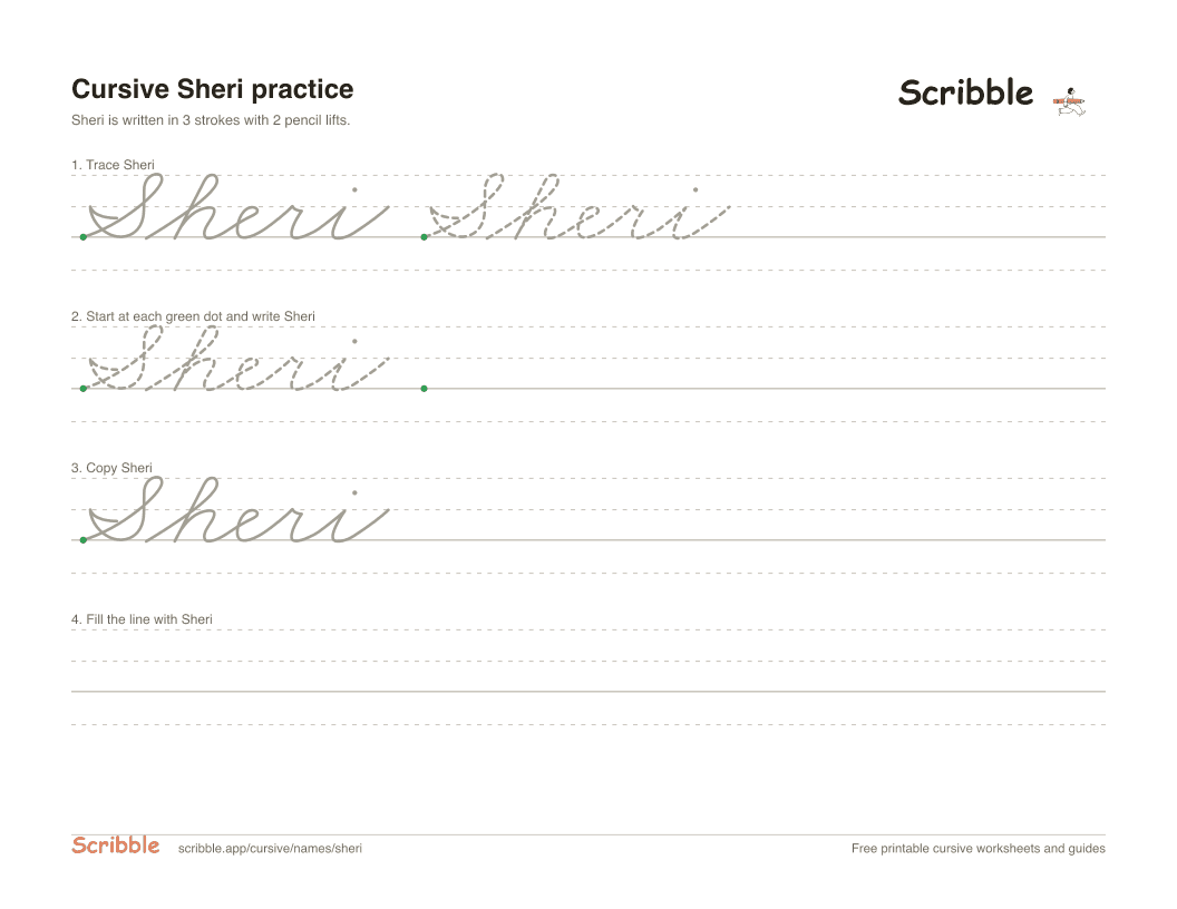 Preview of the printable Sheri in cursive worksheet: trace, copy, and practice rows