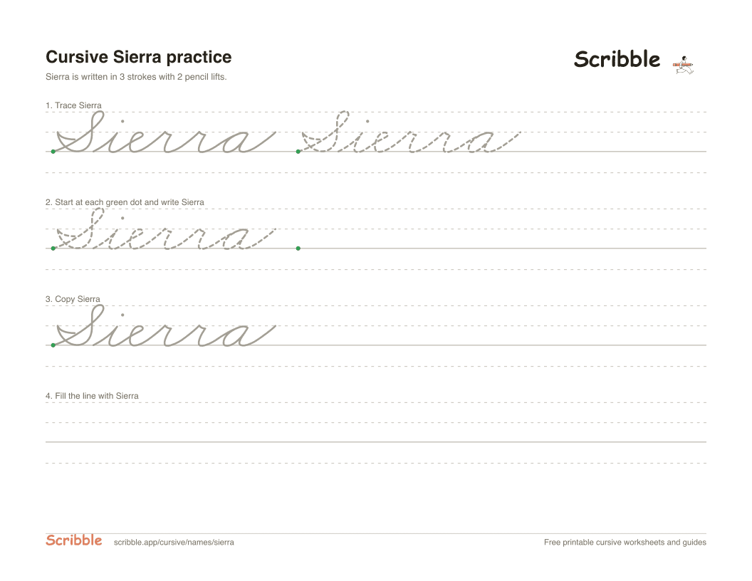 Preview of the printable Sierra in cursive worksheet: trace, copy, and practice rows