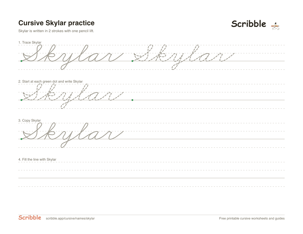 Preview of the printable Skylar in cursive worksheet: trace, copy, and practice rows