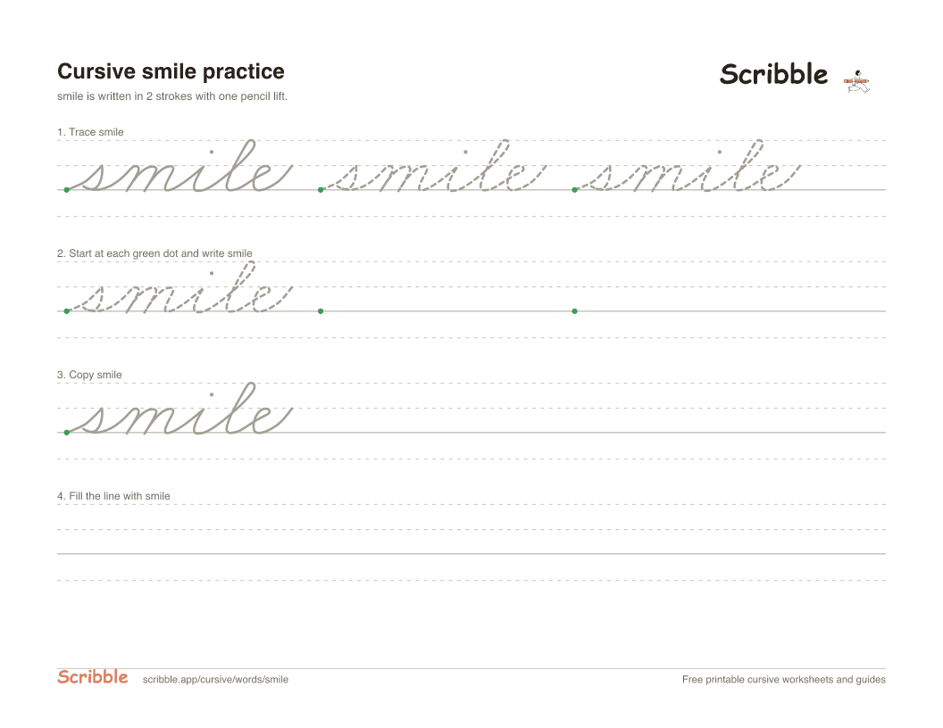 Preview of the printable smile in cursive worksheet: trace, copy, and practice rows
