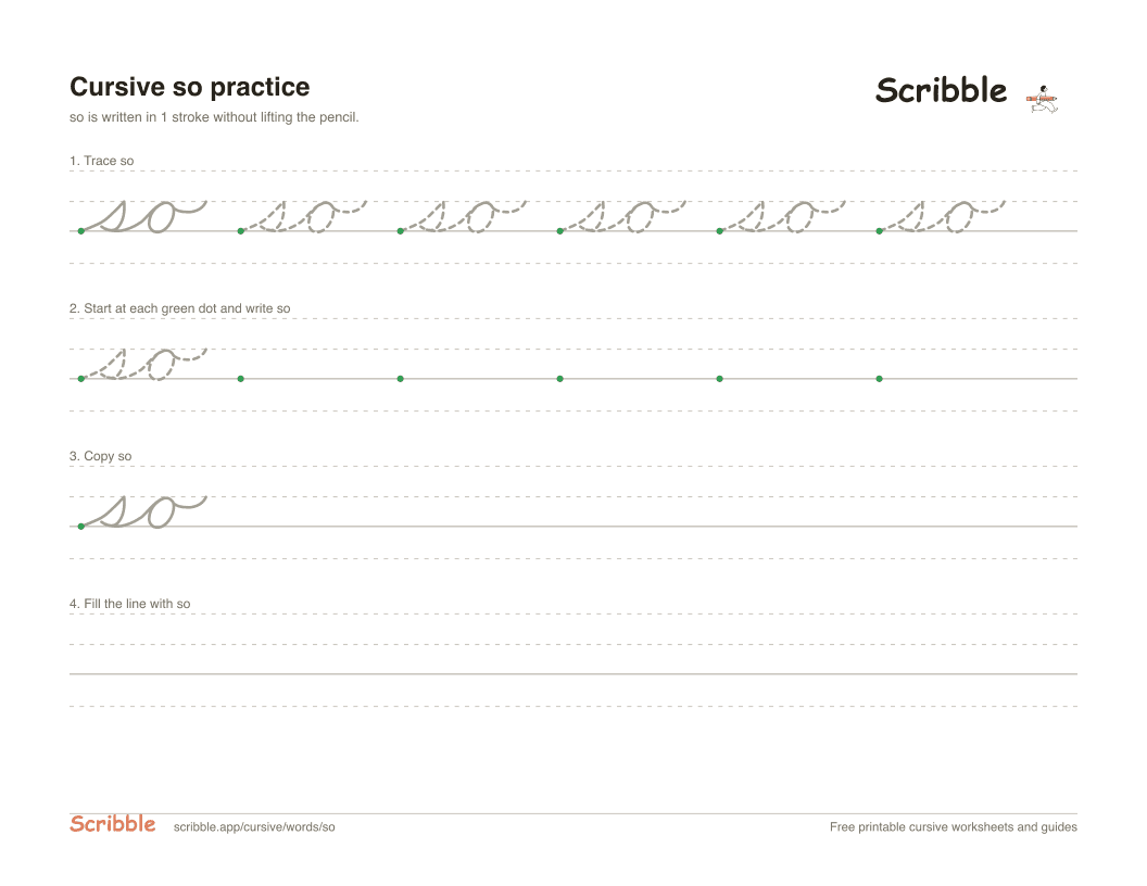 Preview of the printable so in cursive worksheet: trace, copy, and practice rows
