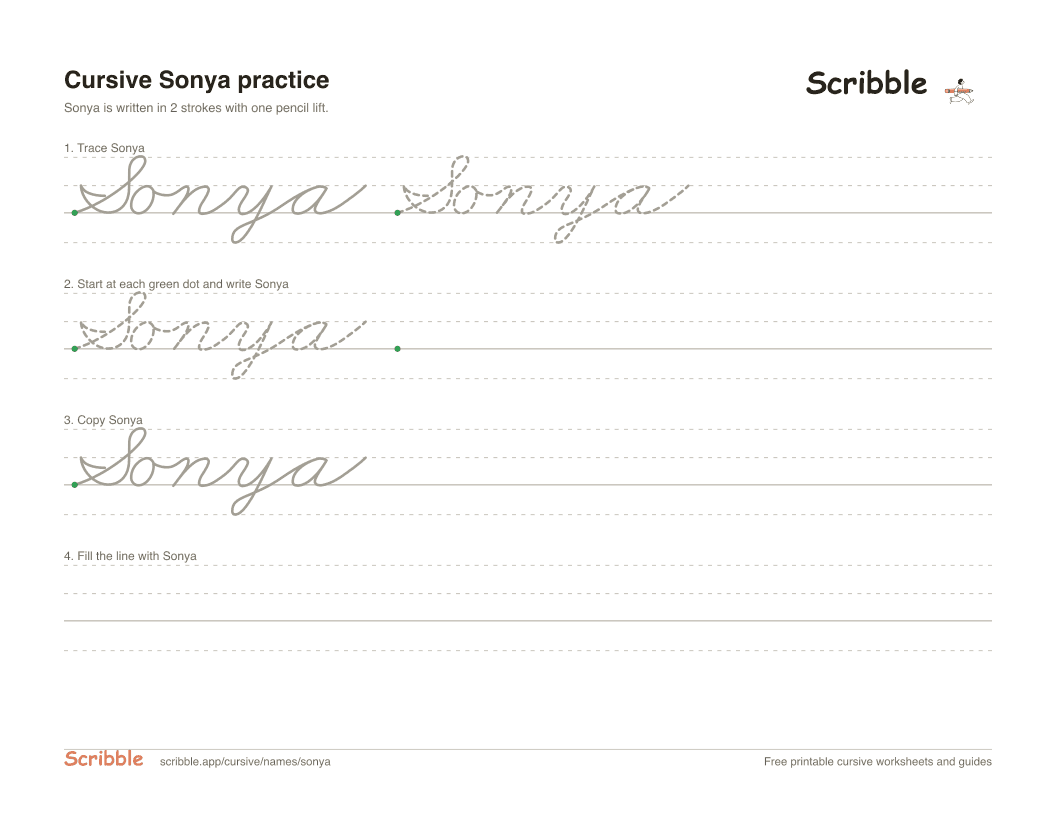 Preview of the printable Sonya in cursive worksheet: trace, copy, and practice rows