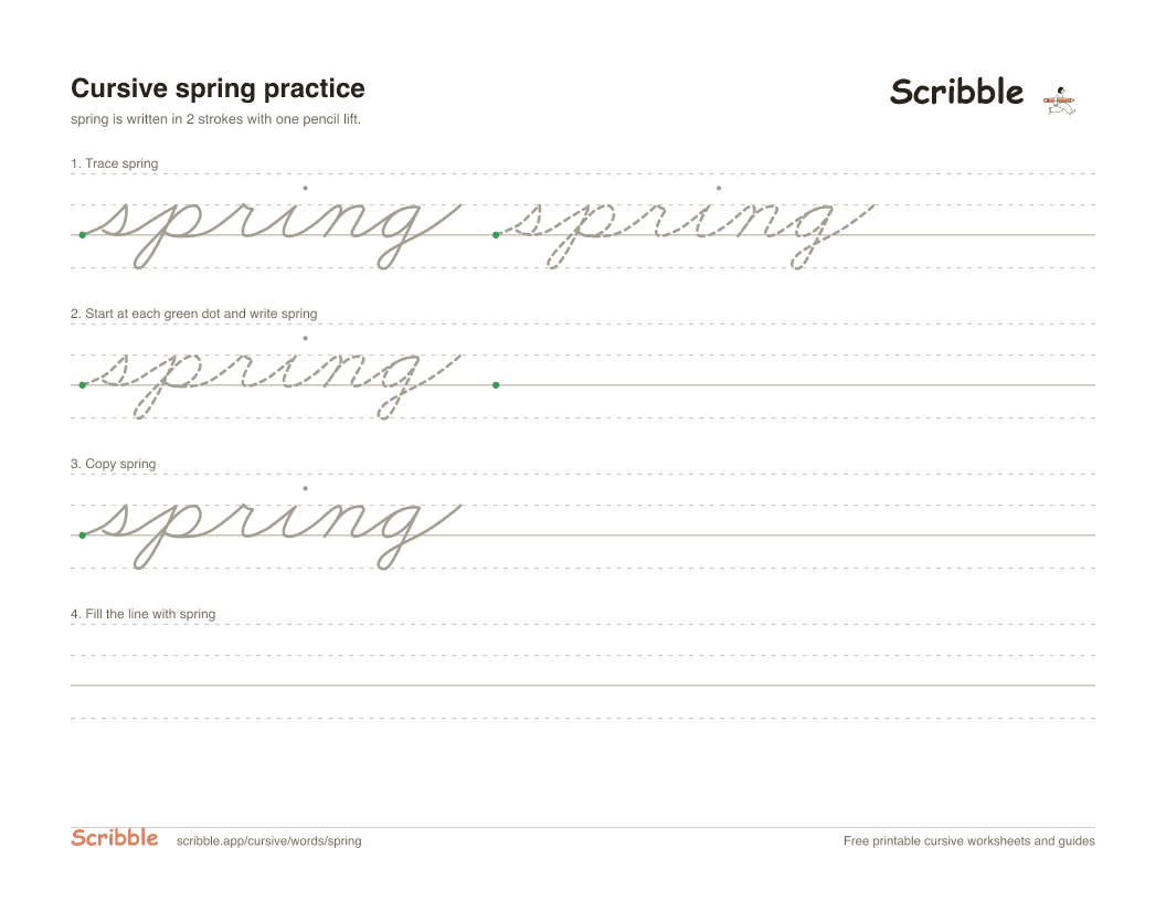 Preview of the printable spring in cursive worksheet: trace, copy, and practice rows