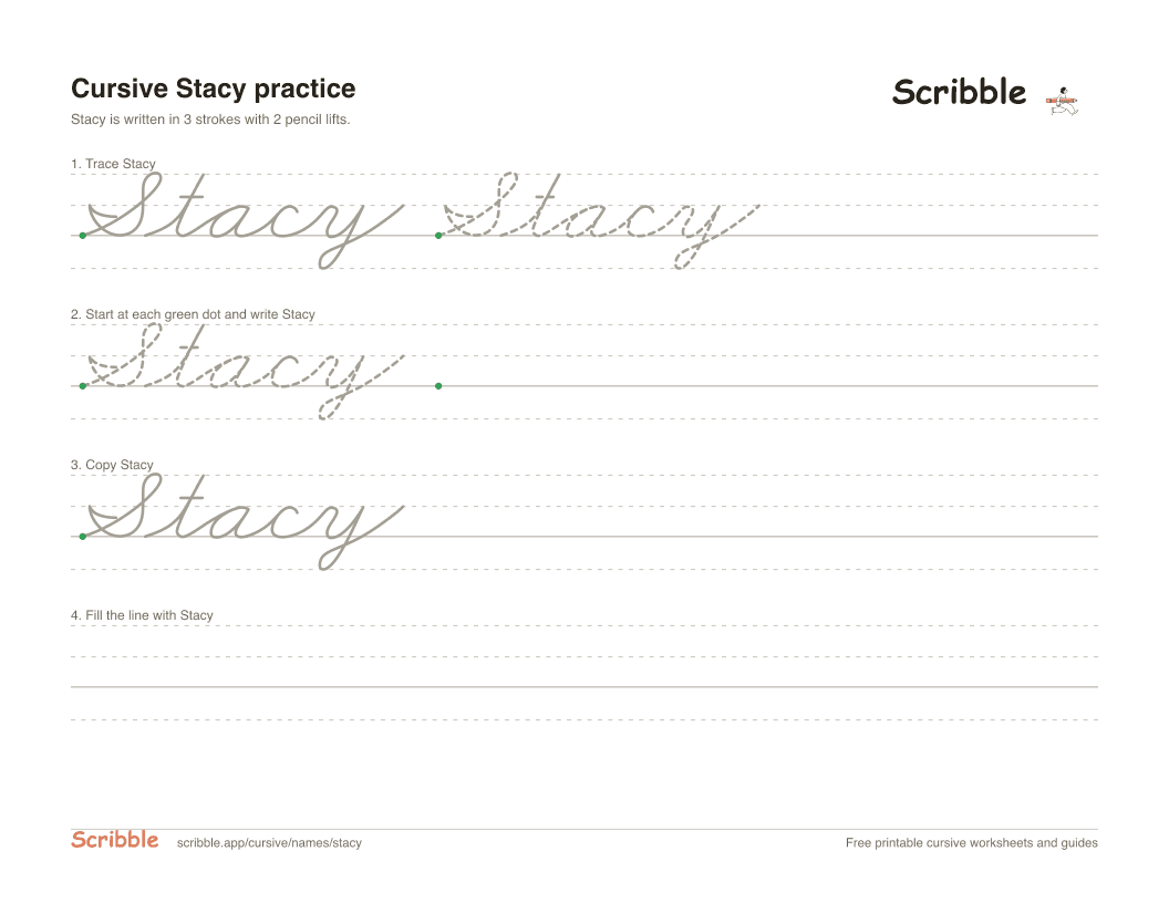 Preview of the printable Stacy in cursive worksheet: trace, copy, and practice rows
