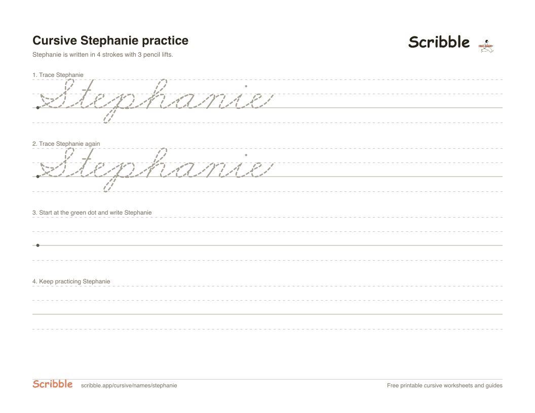 Preview of the printable Stephanie in cursive worksheet: trace, copy, and practice rows
