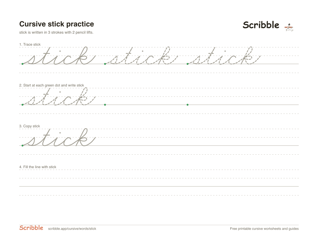 Preview of the printable stick in cursive worksheet: trace, copy, and practice rows