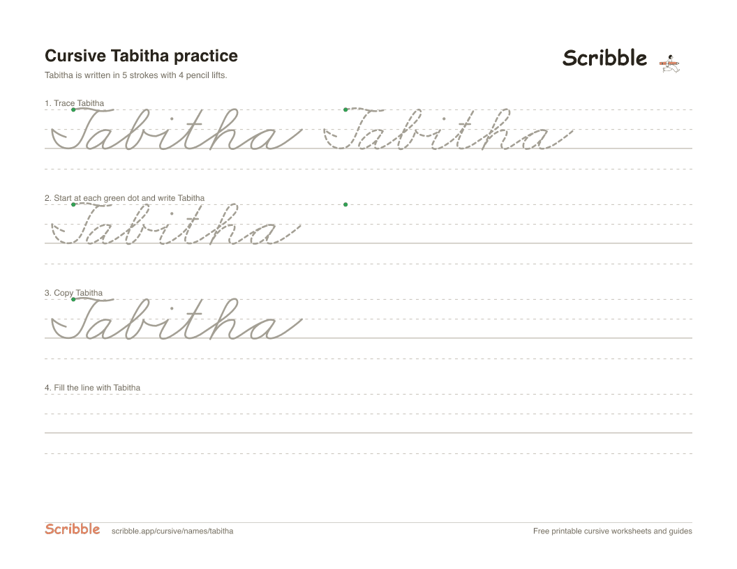 Preview of the printable Tabitha in cursive worksheet: trace, copy, and practice rows