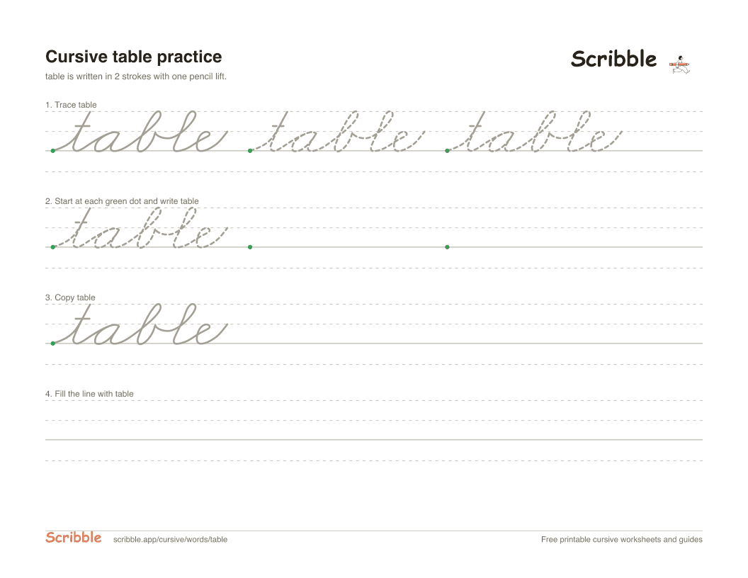 Preview of the printable table in cursive worksheet: trace, copy, and practice rows