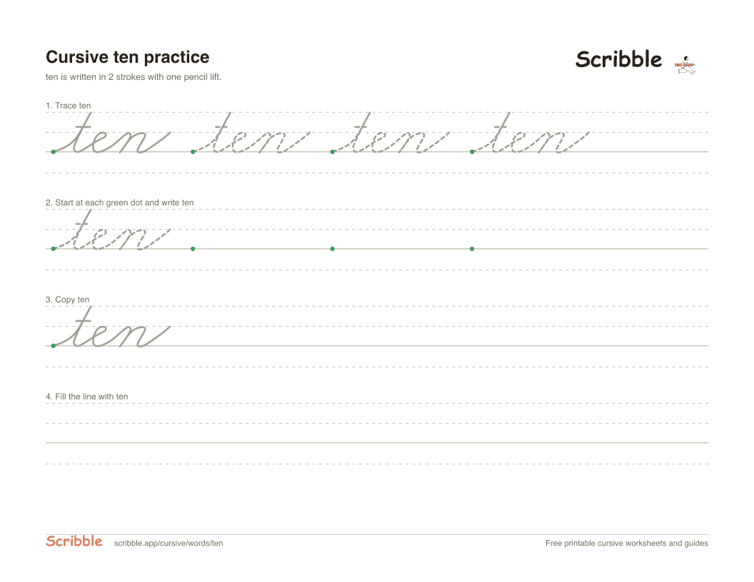 Preview of the printable ten in cursive worksheet: trace, copy, and practice rows