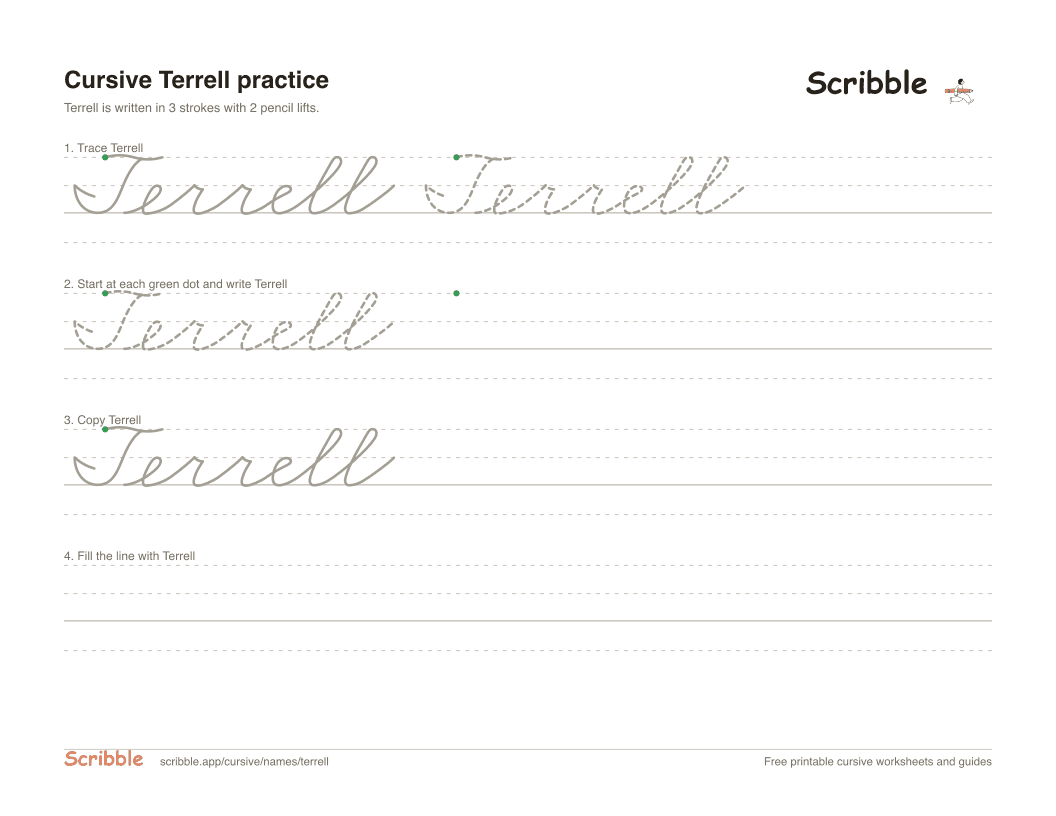 Preview of the printable Terrell in cursive worksheet: trace, copy, and practice rows