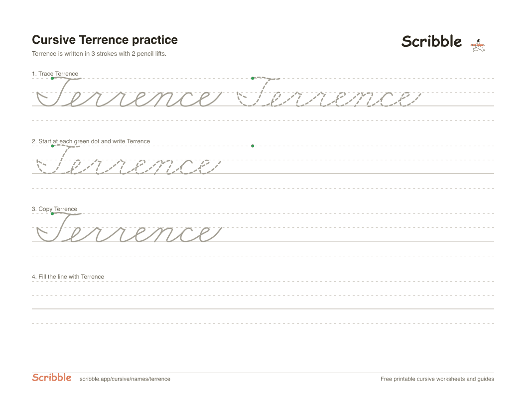 Preview of the printable Terrence in cursive worksheet: trace, copy, and practice rows