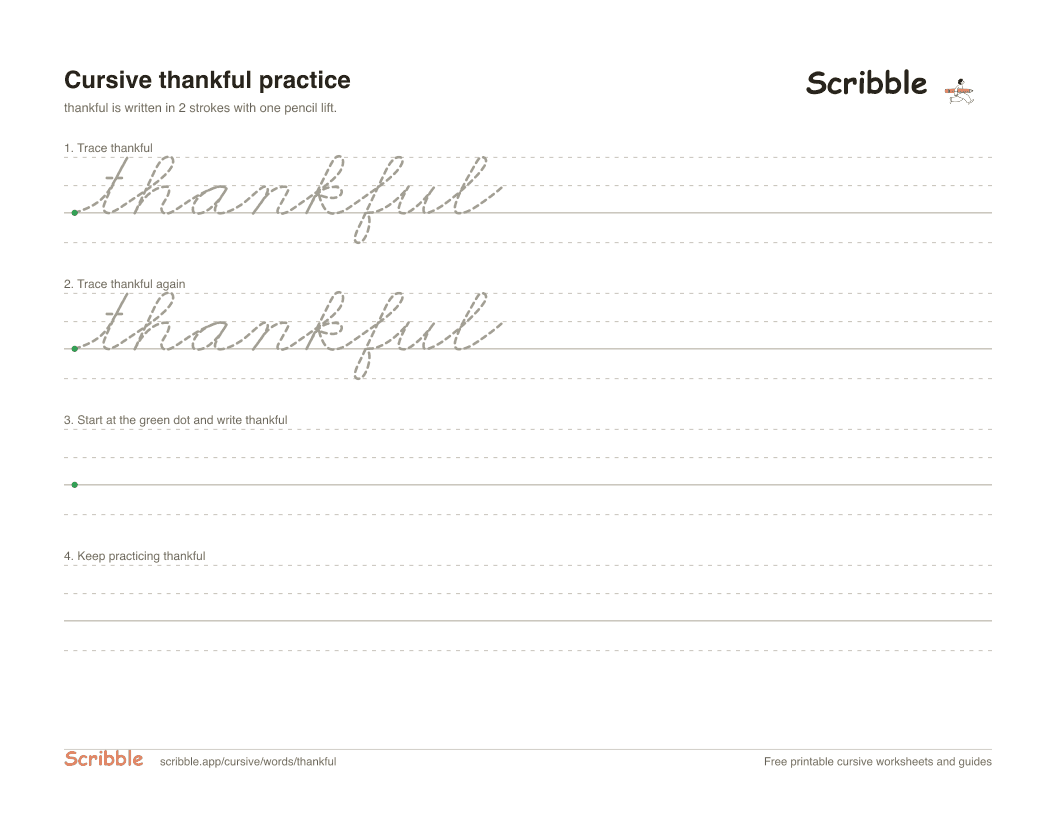 Preview of the printable thankful in cursive worksheet: trace, copy, and practice rows
