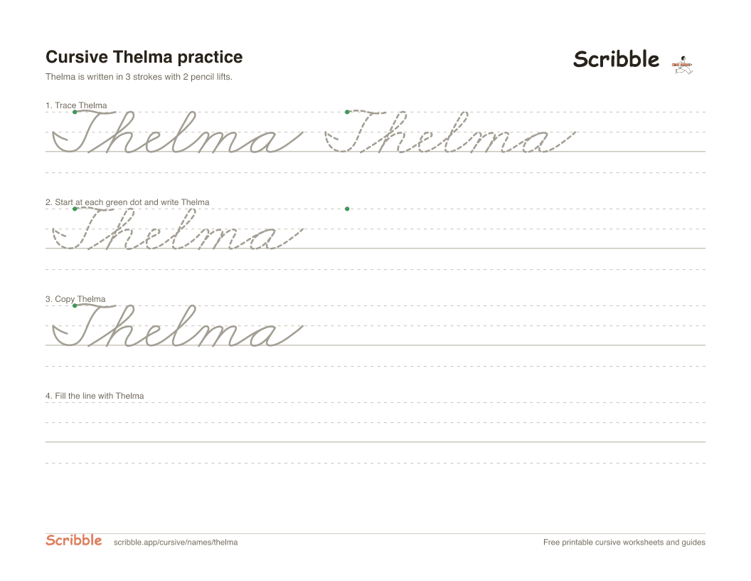 Preview of the printable Thelma in cursive worksheet: trace, copy, and practice rows