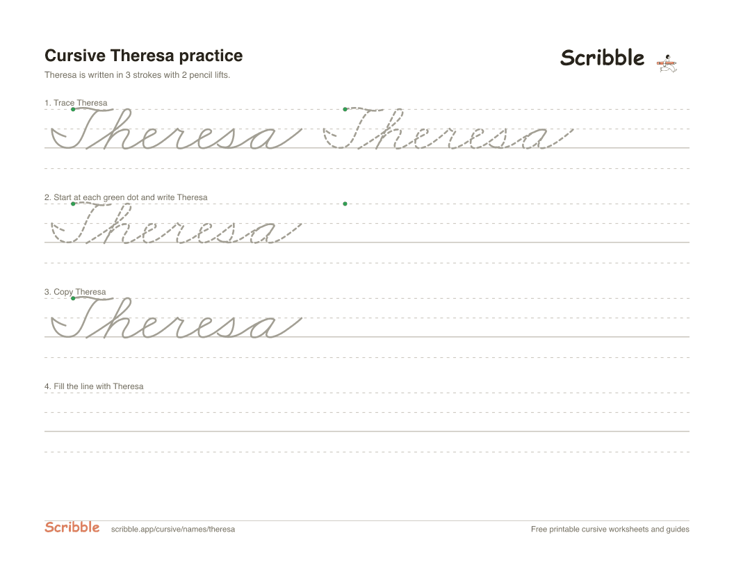 Preview of the printable Theresa in cursive worksheet: trace, copy, and practice rows