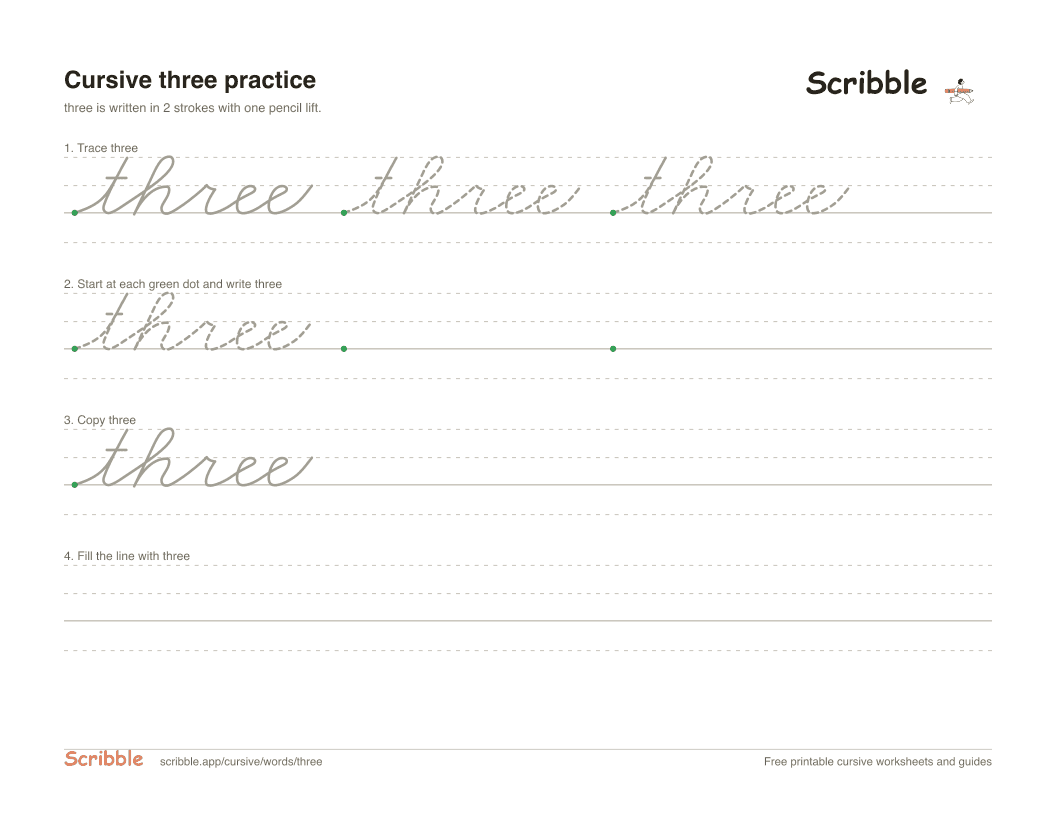 Preview of the printable three in cursive worksheet: trace, copy, and practice rows