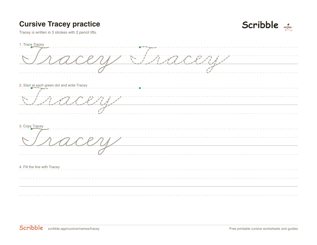 Preview of the printable Tracey in cursive worksheet: trace, copy, and practice rows
