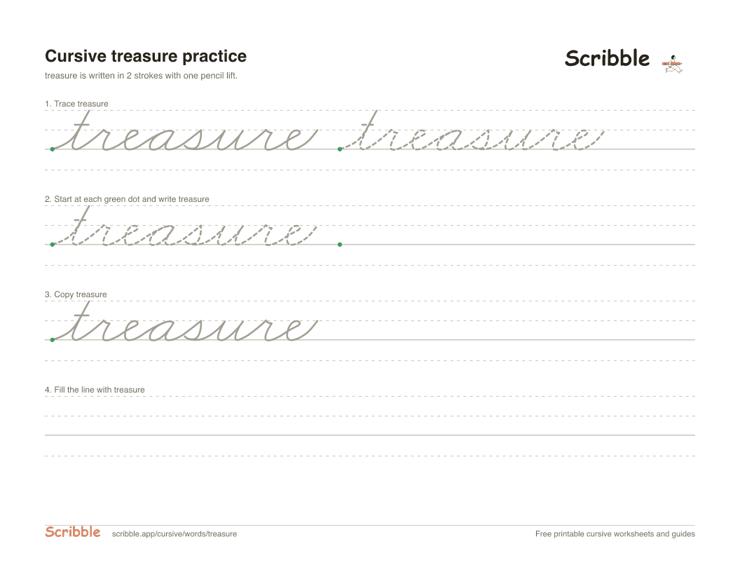 Preview of the printable treasure in cursive worksheet: trace, copy, and practice rows