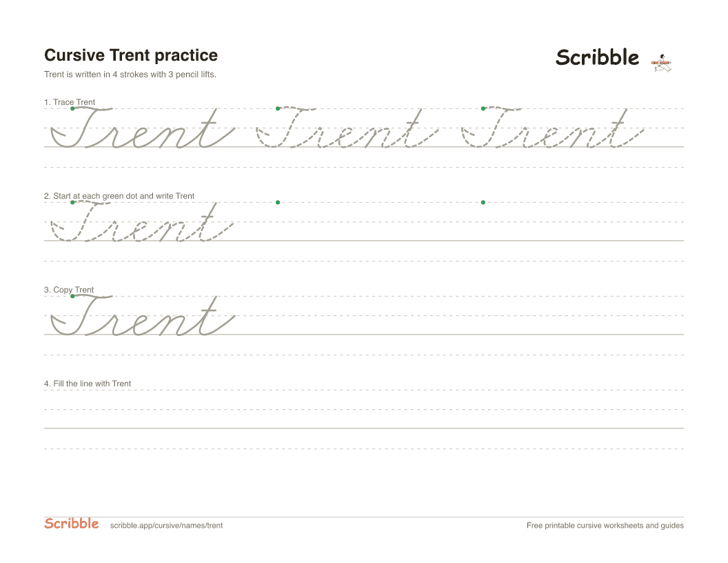 Preview of the printable Trent in cursive worksheet: trace, copy, and practice rows