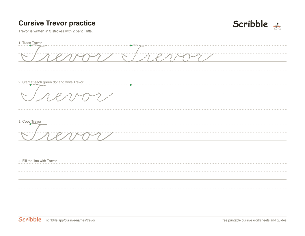 Preview of the printable Trevor in cursive worksheet: trace, copy, and practice rows