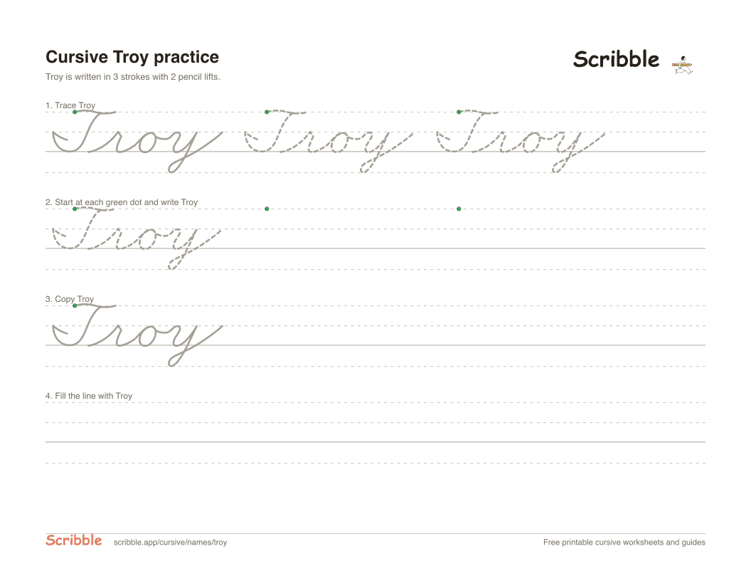 Preview of the printable Troy in cursive worksheet: trace, copy, and practice rows