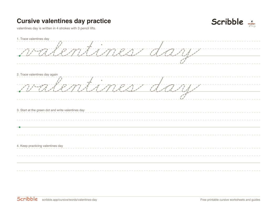 Preview of the printable valentines day in cursive worksheet: trace, copy, and practice rows