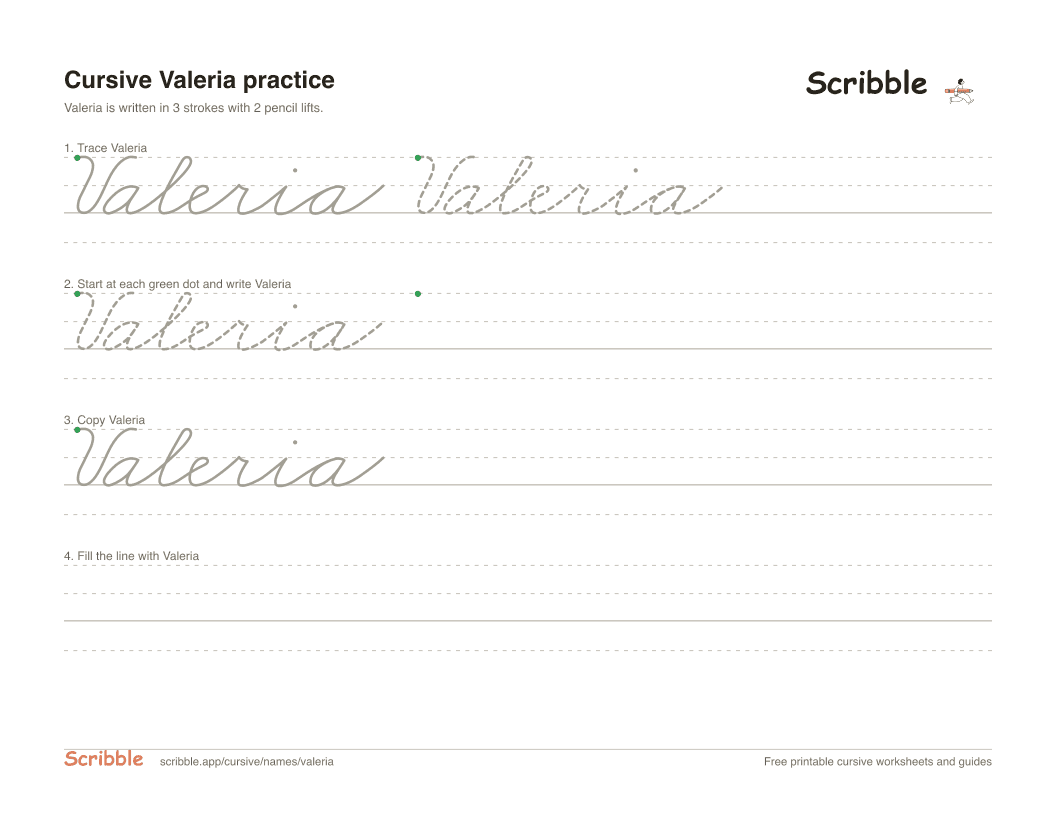 Preview of the printable Valeria in cursive worksheet: trace, copy, and practice rows