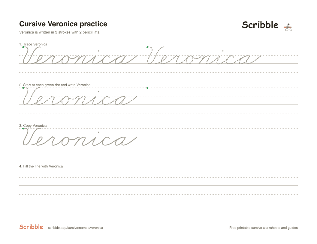 Preview of the printable Veronica in cursive worksheet: trace, copy, and practice rows