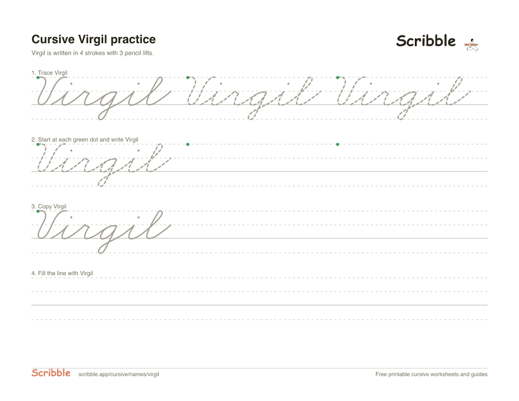 Preview of the printable Virgil in cursive worksheet: trace, copy, and practice rows