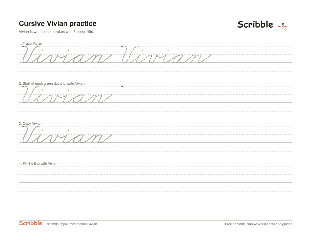 Preview of the printable Vivian in cursive worksheet: trace, copy, and practice rows