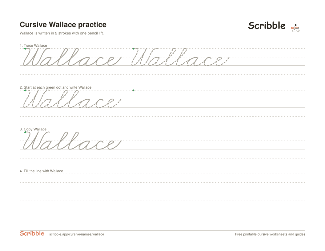 Preview of the printable Wallace in cursive worksheet: trace, copy, and practice rows