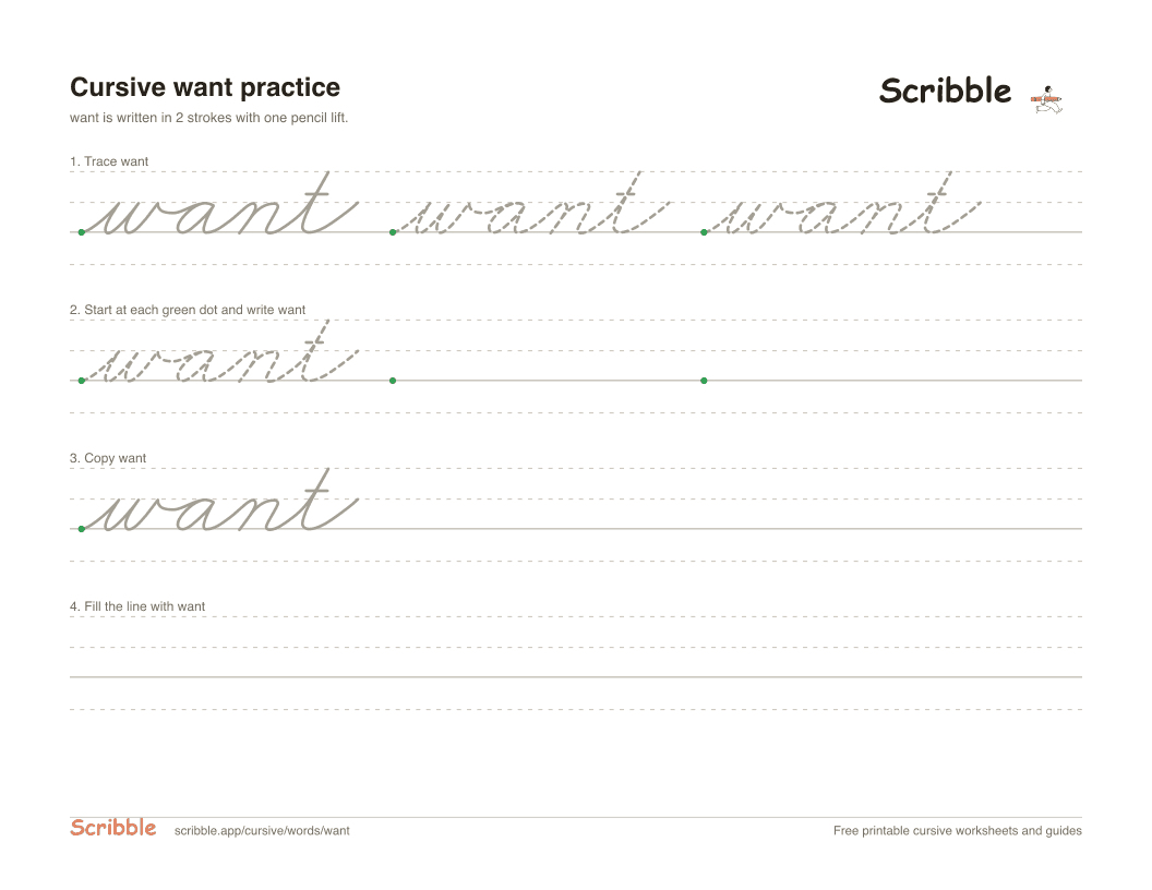 Preview of the printable want in cursive worksheet: trace, copy, and practice rows