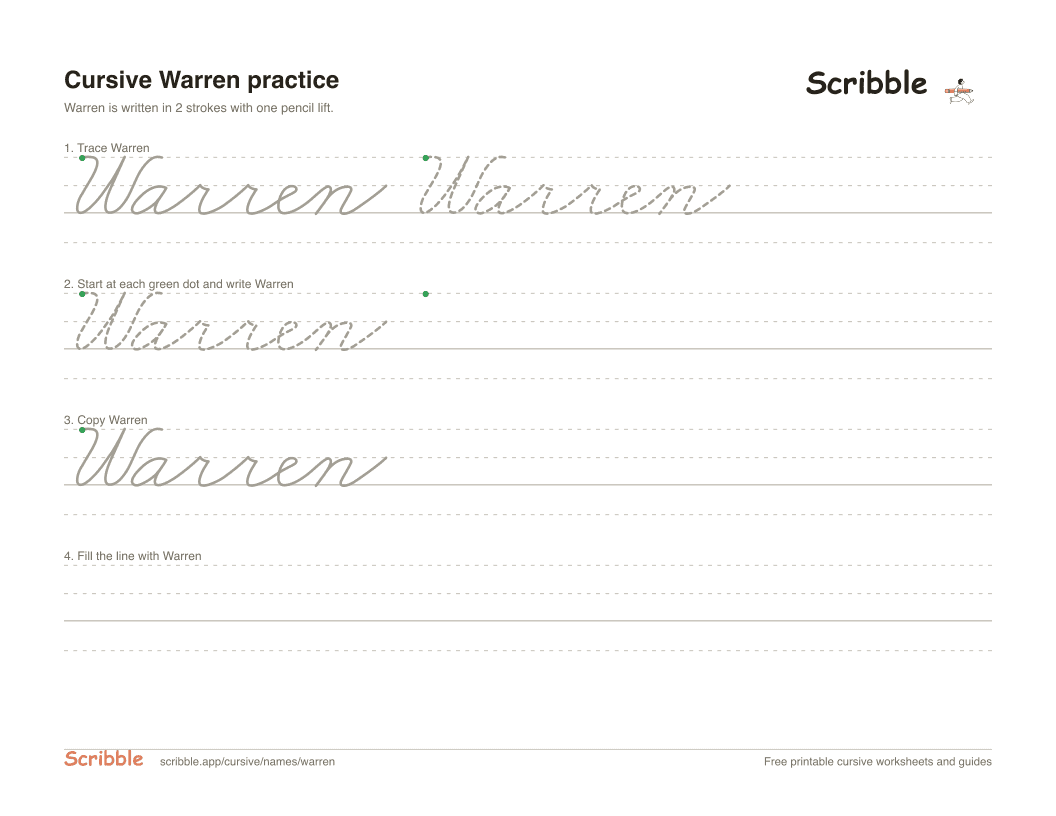 Preview of the printable Warren in cursive worksheet: trace, copy, and practice rows