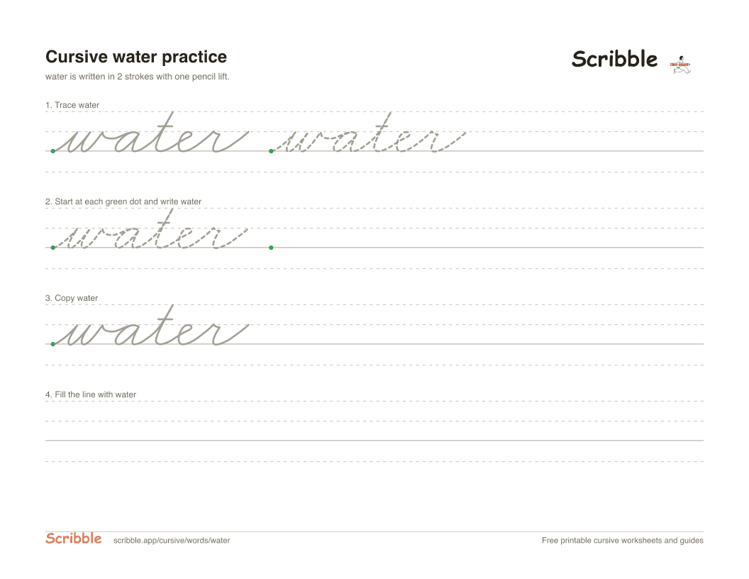 Preview of the printable water in cursive worksheet: trace, copy, and practice rows
