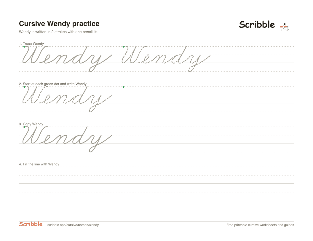 Preview of the printable Wendy in cursive worksheet: trace, copy, and practice rows