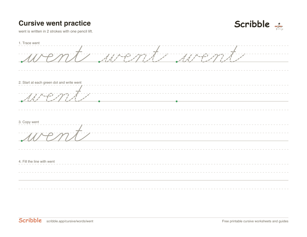 Preview of the printable went in cursive worksheet: trace, copy, and practice rows