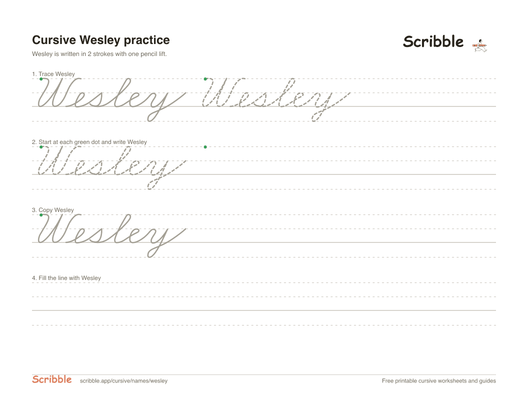 Preview of the printable Wesley in cursive worksheet: trace, copy, and practice rows