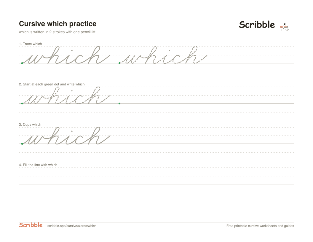 Preview of the printable which in cursive worksheet: trace, copy, and practice rows