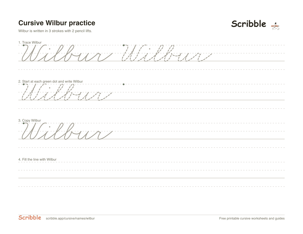 Preview of the printable Wilbur in cursive worksheet: trace, copy, and practice rows