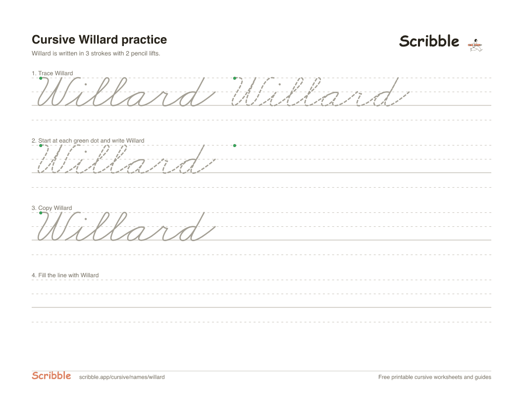 Preview of the printable Willard in cursive worksheet: trace, copy, and practice rows