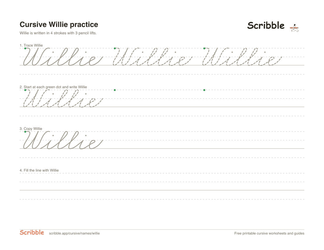 Preview of the printable Willie in cursive worksheet: trace, copy, and practice rows