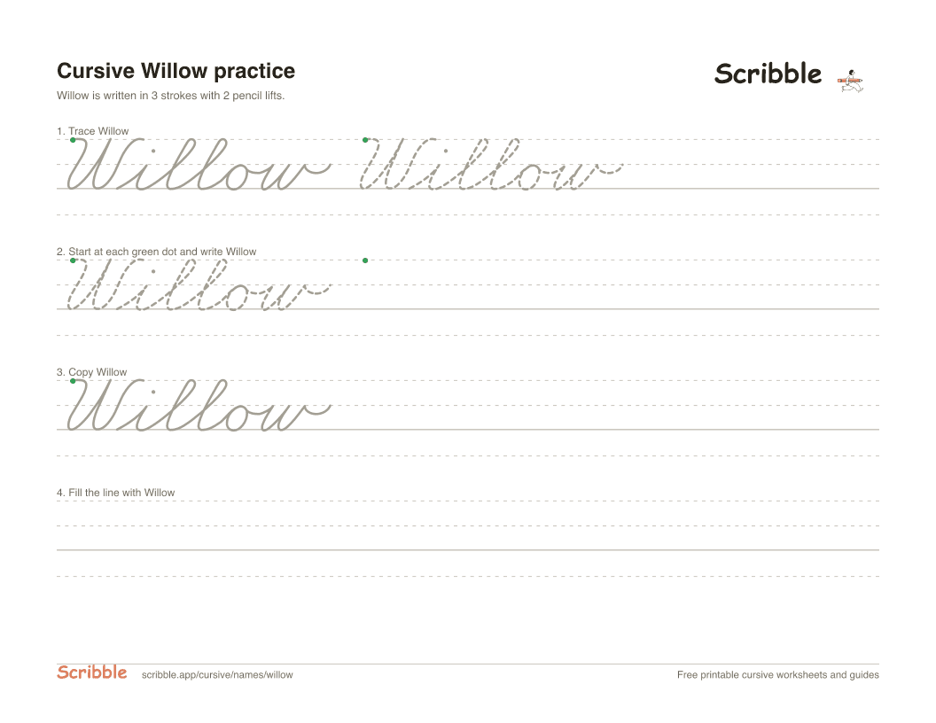 Preview of the printable Willow in cursive worksheet: trace, copy, and practice rows